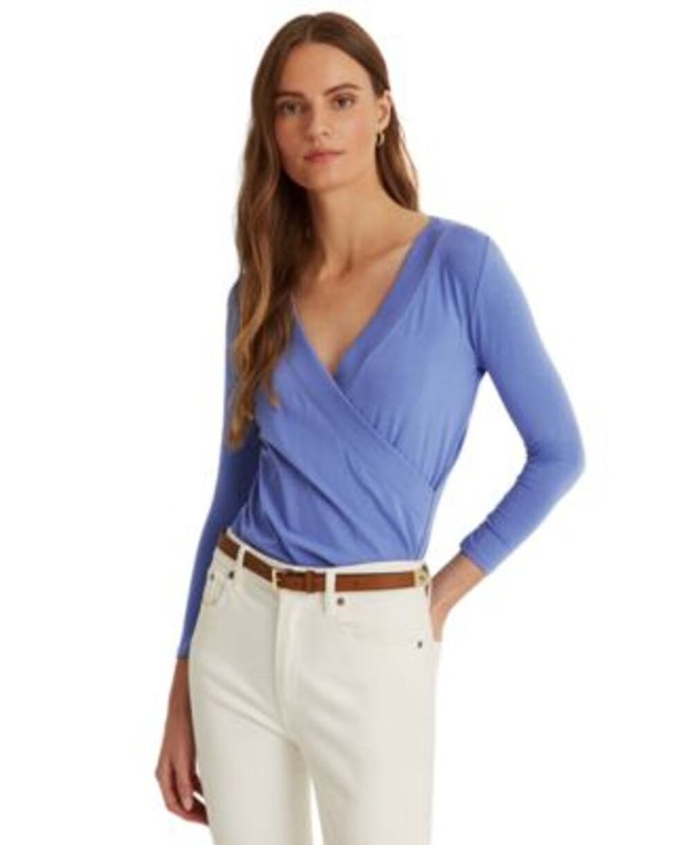 Lauren Ralph Lauren Women's Blue Loch Surplice Jersey Wrap Front Blouse, Large